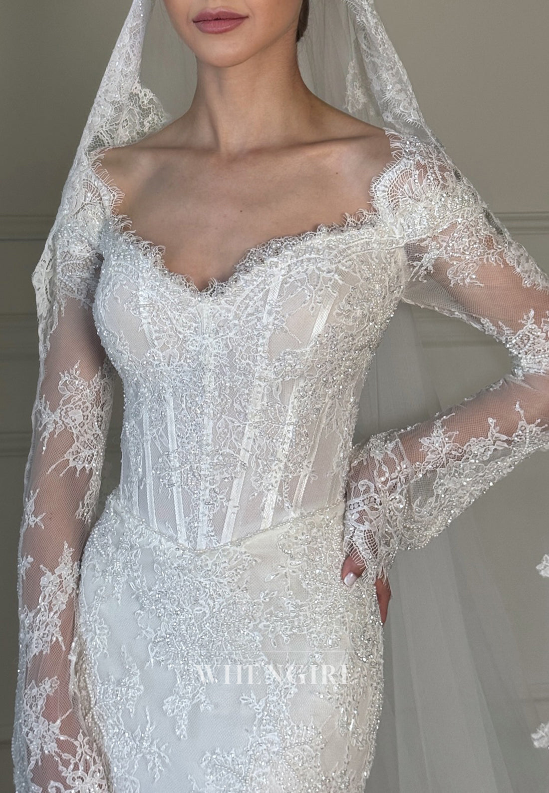 Sheath Sweetheart Long Sleeves Beaded Lace Wedding Dress with Sweep Train