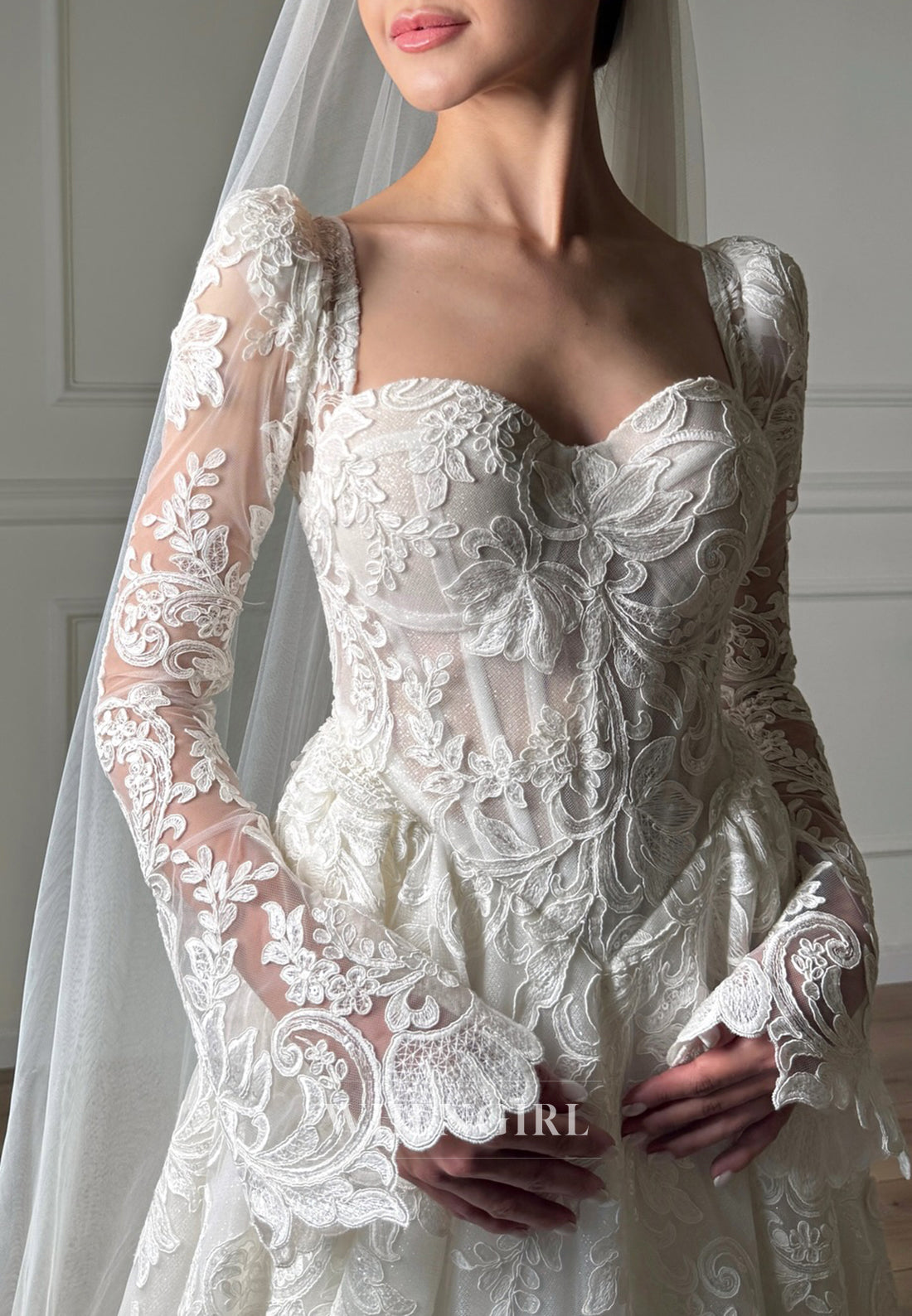 A-Line Lace Sweetheart Long Sleeves Sweep Train Wedding Dress