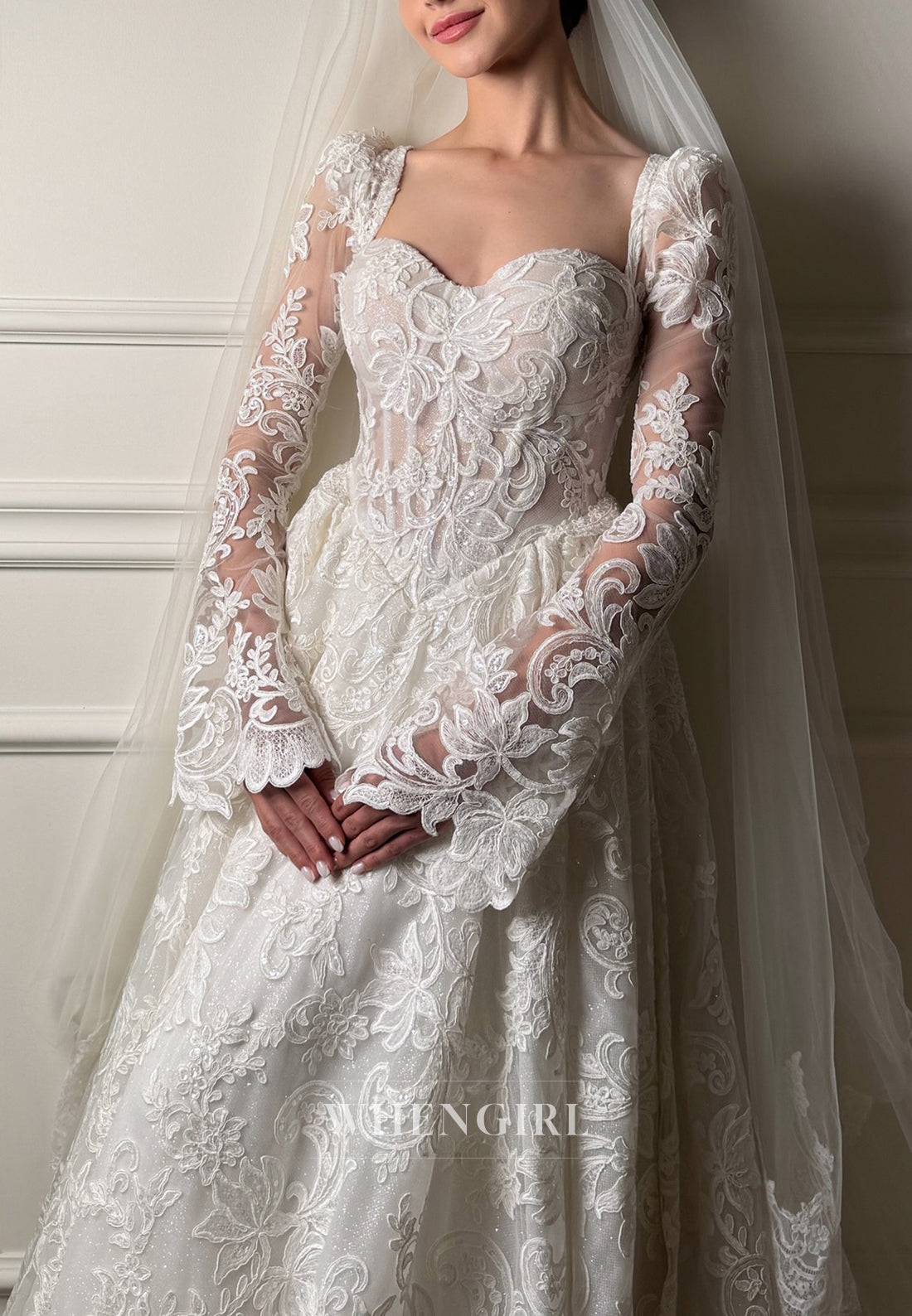 A-Line Lace Sweetheart Long Sleeves Sweep Train Wedding Dress