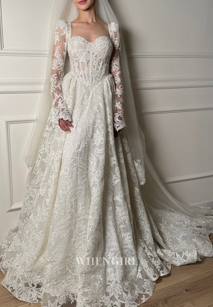 A-Line Lace Sweetheart Long Sleeves Sweep Train Wedding Dress