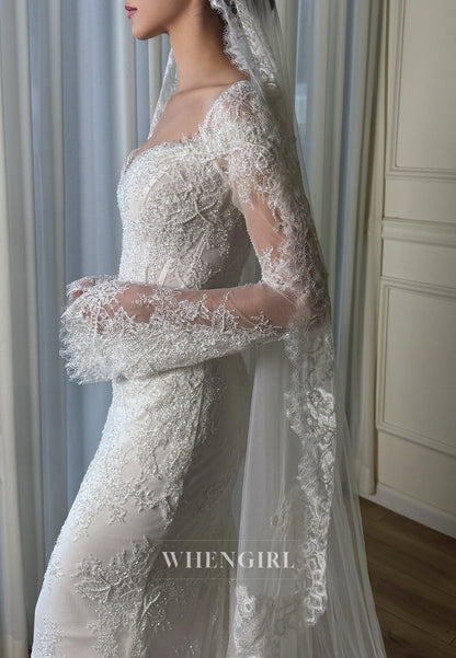 Sheath Sweetheart Long Sleeves Beaded Lace Wedding Dress with Sweep Train