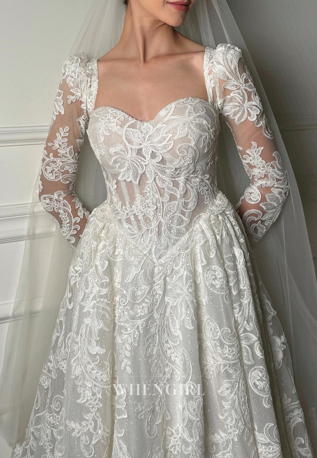 A-Line Lace Sweetheart Long Sleeves Sweep Train Wedding Dress