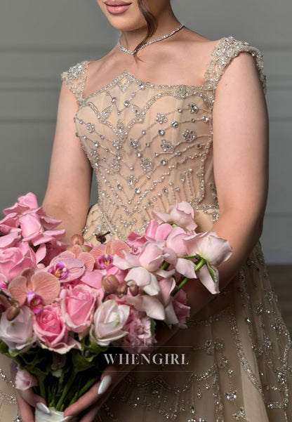 Asymetrical Neck Regular Straps Sleeveless Beaded A-Line Sweep Train Wedding Dress