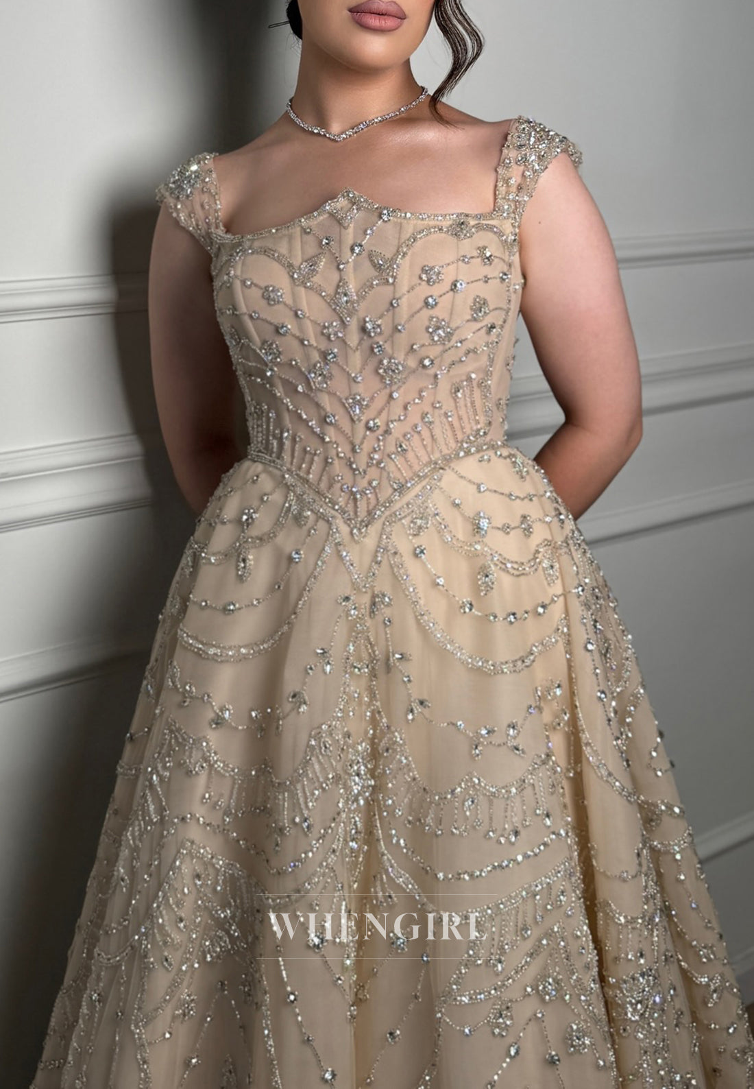 Asymetrical Neck Regular Straps Sleeveless Beaded A-Line Sweep Train Wedding Dress