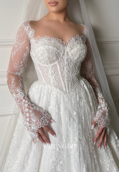 A-Line Sweetheart Long Sleeves Beaded Lace Wedding Dress