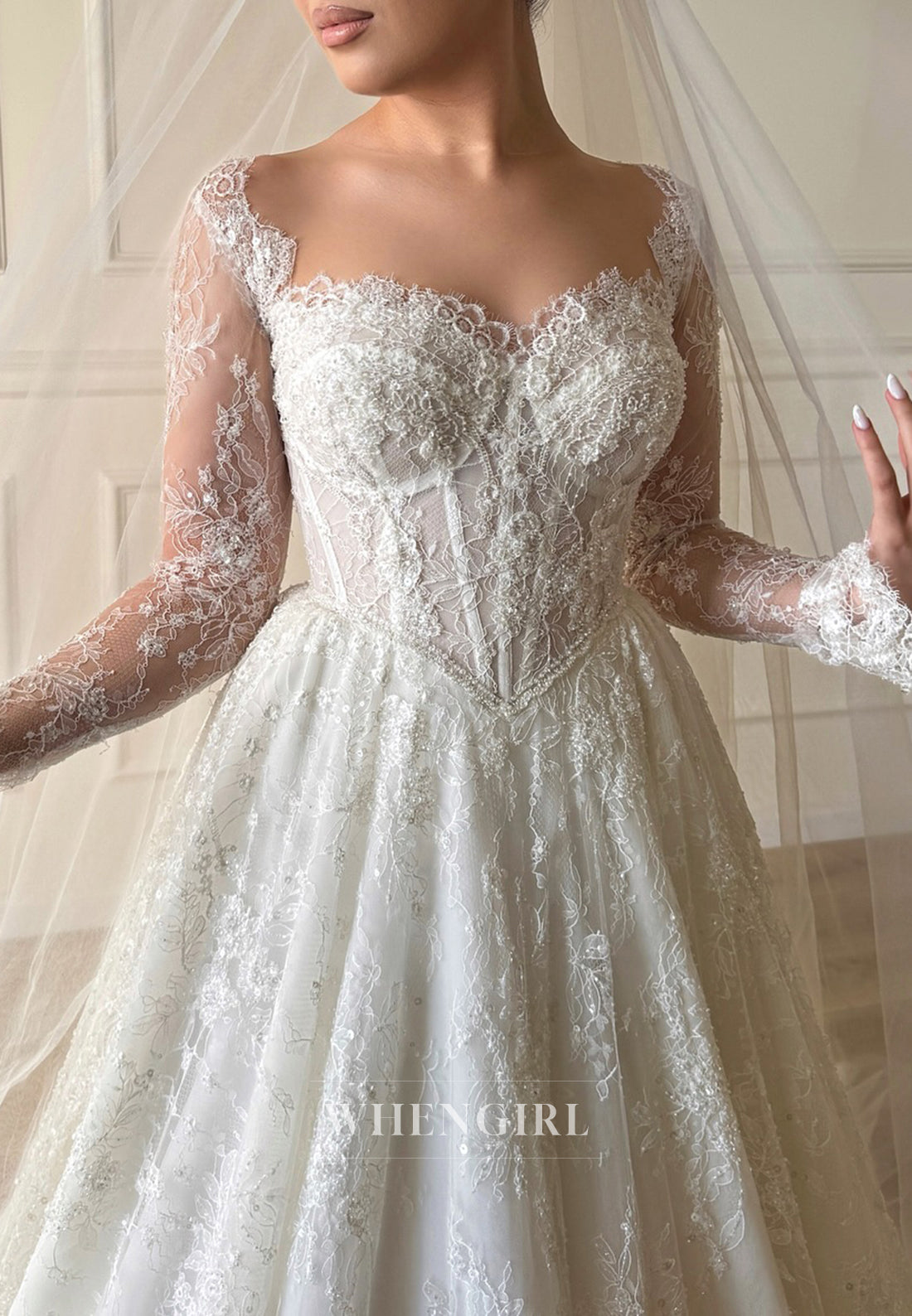 A-Line Sweetheart Long Sleeves Beaded Lace Wedding Dress