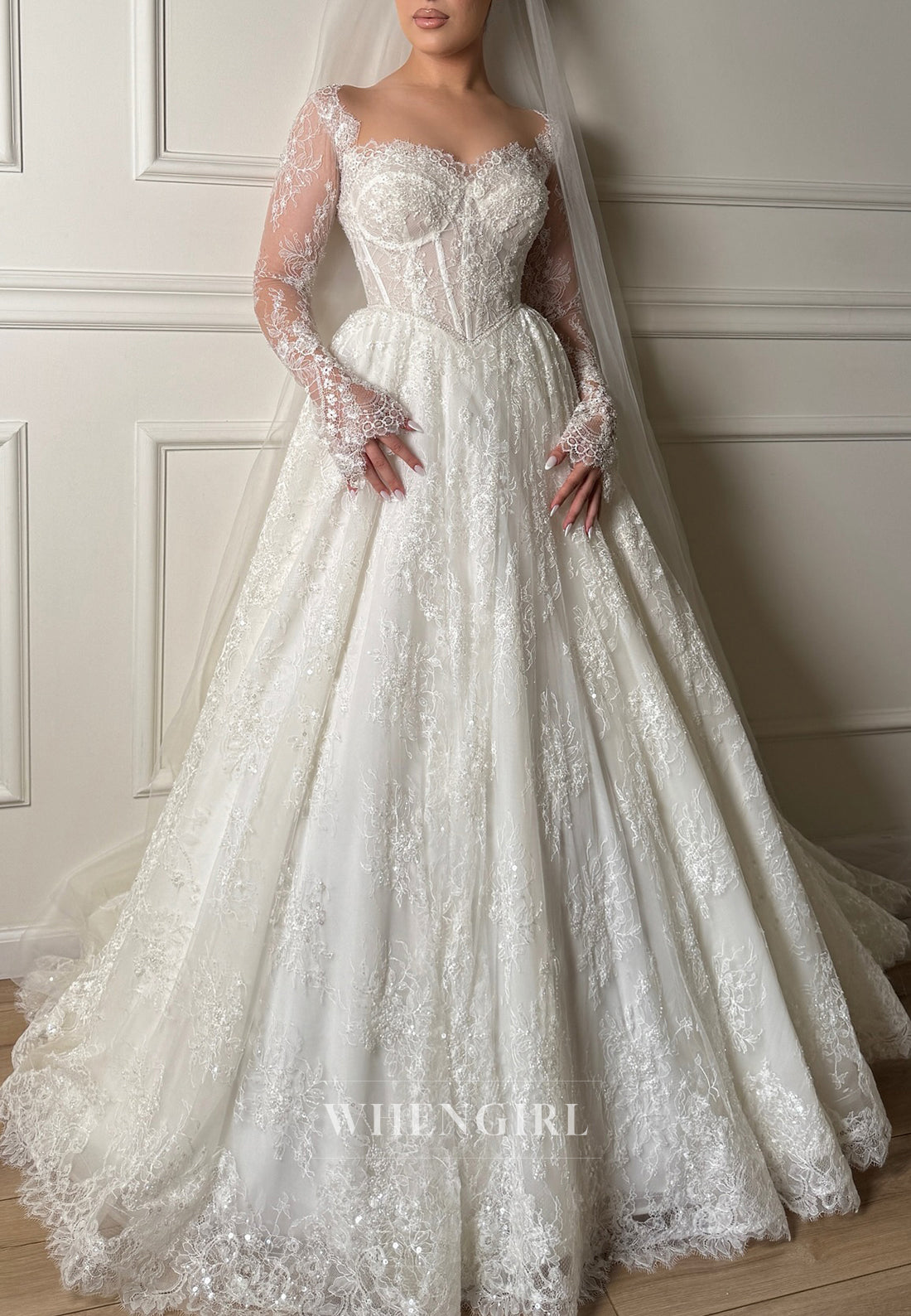 A-Line Sweetheart Long Sleeves Beaded Lace Wedding Dress