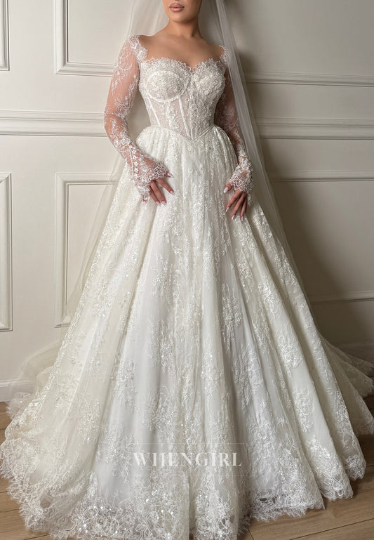 A-Line Sweetheart Long Sleeves Beaded Lace Wedding Dress