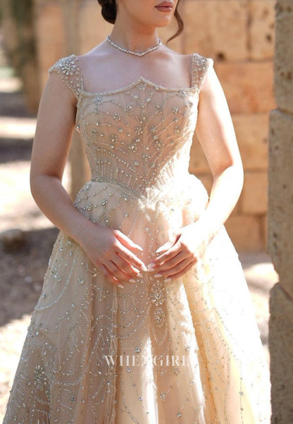 Asymetrical Neck Regular Straps Sleeveless Beaded A-Line Sweep Train Wedding Dress