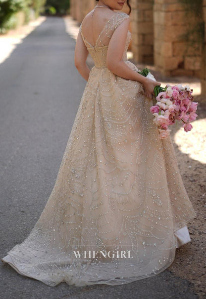 Asymetrical Neck Regular Straps Sleeveless Beaded A-Line Sweep Train Wedding Dress
