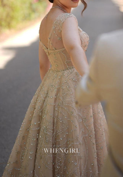 Asymetrical Neck Regular Straps Sleeveless Beaded A-Line Sweep Train Wedding Dress