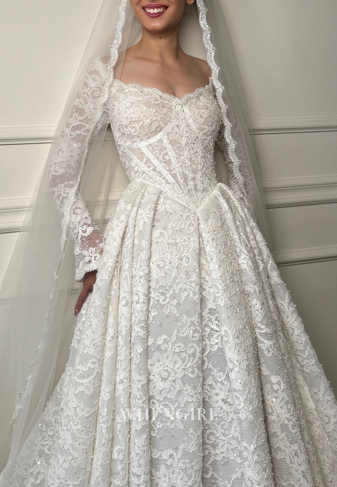 A-Line V Neck Long Sleeves Pleated Beaded Lace Wedding Dress