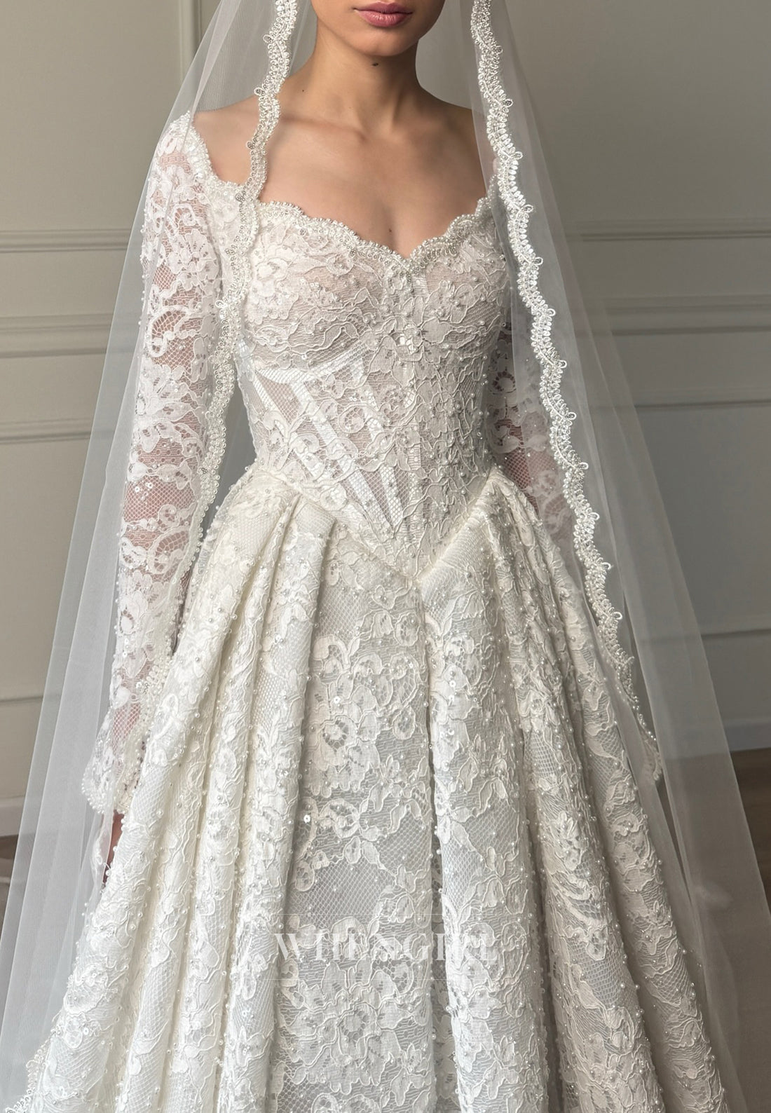 A-Line V Neck Long Sleeves Pleated Beaded Lace Wedding Dress