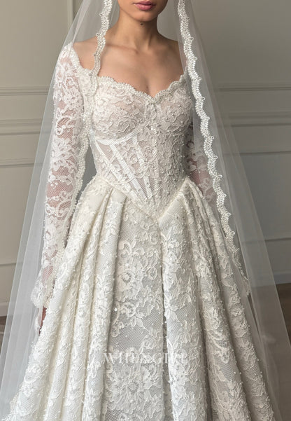 A-Line V Neck Long Sleeves Pleated Beaded Lace Wedding Dress