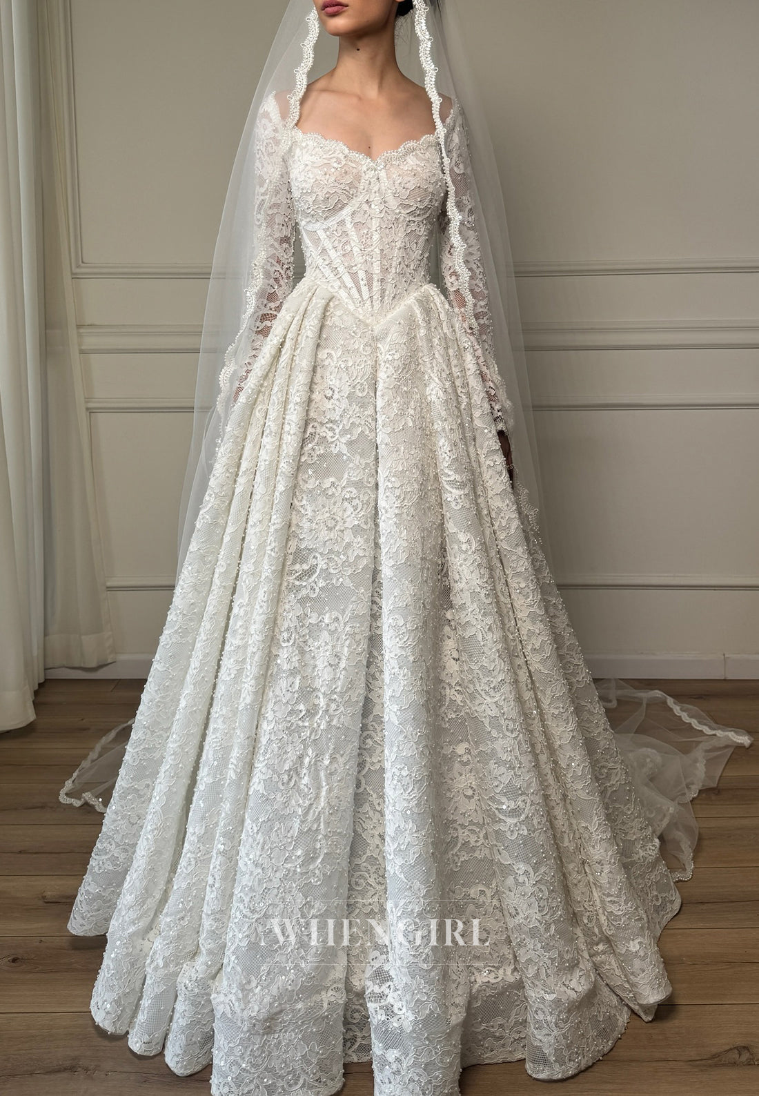 A-Line V Neck Long Sleeves Pleated Beaded Lace Wedding Dress