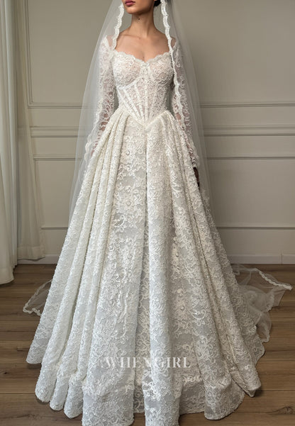 A-Line V Neck Long Sleeves Pleated Beaded Lace Wedding Dress