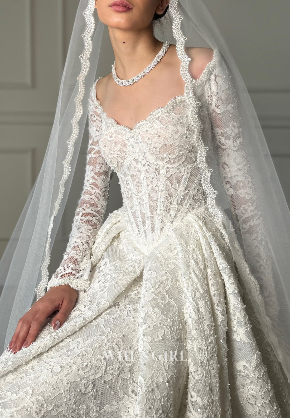 A-Line V Neck Long Sleeves Pleated Beaded Lace Wedding Dress