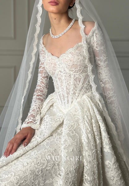 A-Line V Neck Long Sleeves Pleated Beaded Lace Wedding Dress