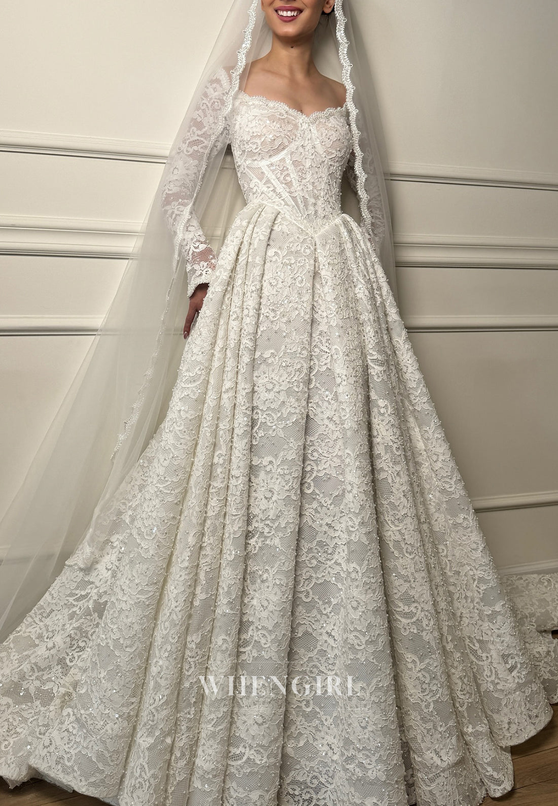 A-Line V Neck Long Sleeves Pleated Beaded Lace Wedding Dress