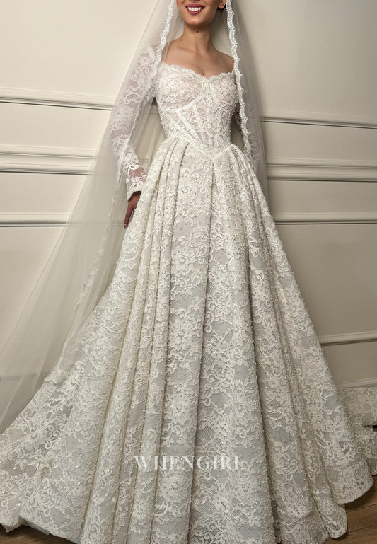 A-Line V Neck Long Sleeves Pleated Beaded Lace Wedding Dress