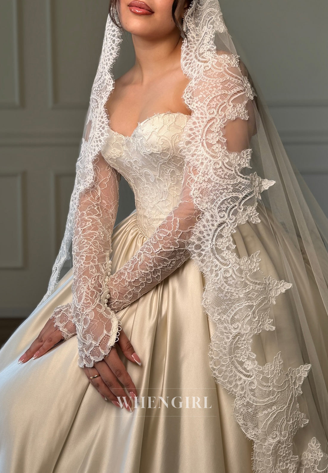 A-Line Sweetheart Long Lace Sleeves Satin Hem Wedding Dress