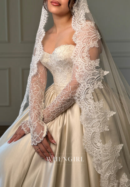 A-Line Sweetheart Long Lace Sleeves Satin Hem Wedding Dress