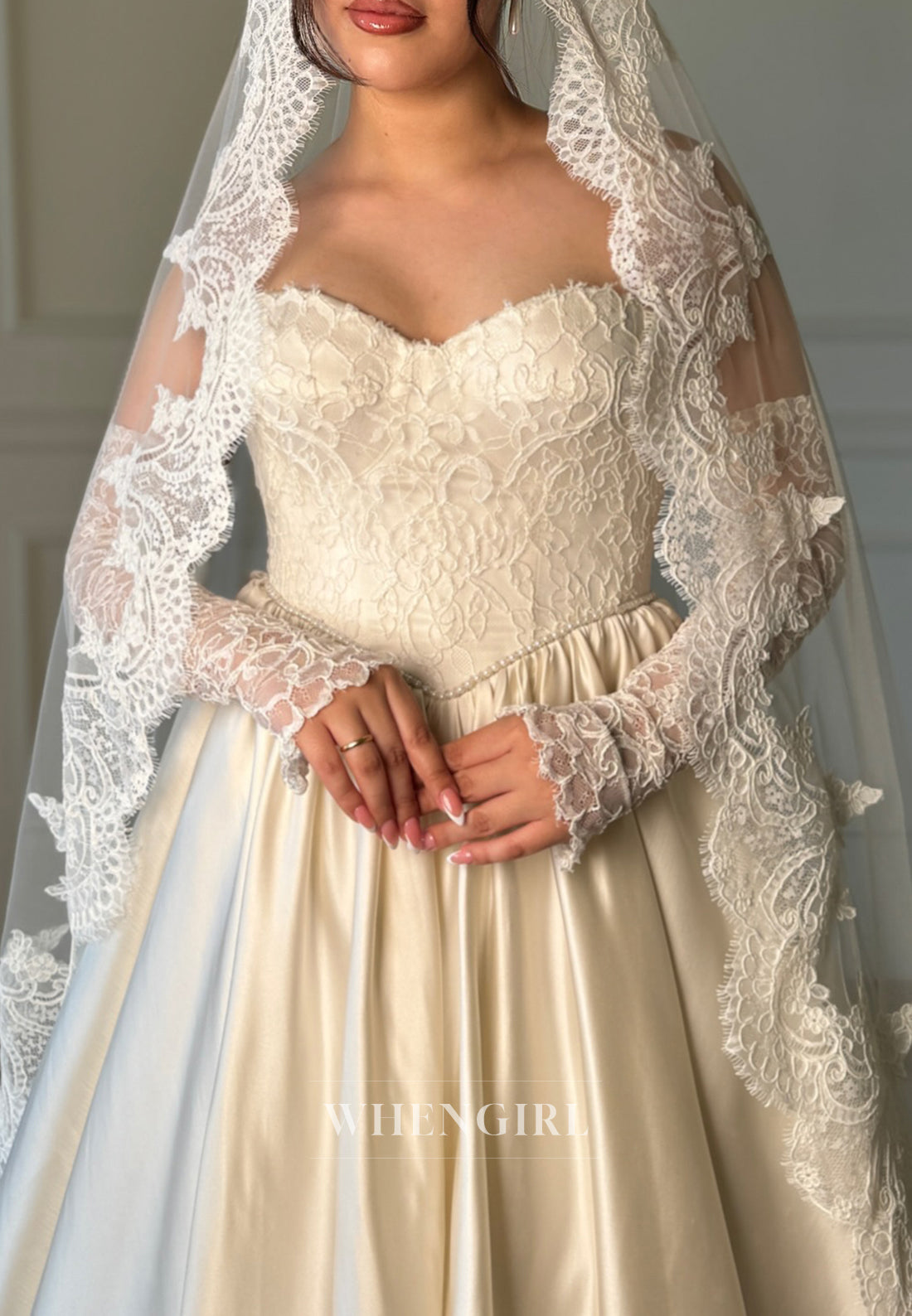 A-Line Sweetheart Long Lace Sleeves Satin Hem Wedding Dress
