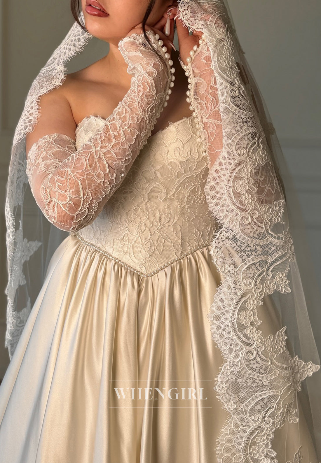 A-Line Sweetheart Long Lace Sleeves Satin Hem Wedding Dress