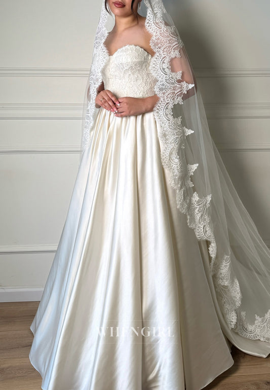 A-Line Sweetheart Long Lace Sleeves Satin Hem Wedding Dress