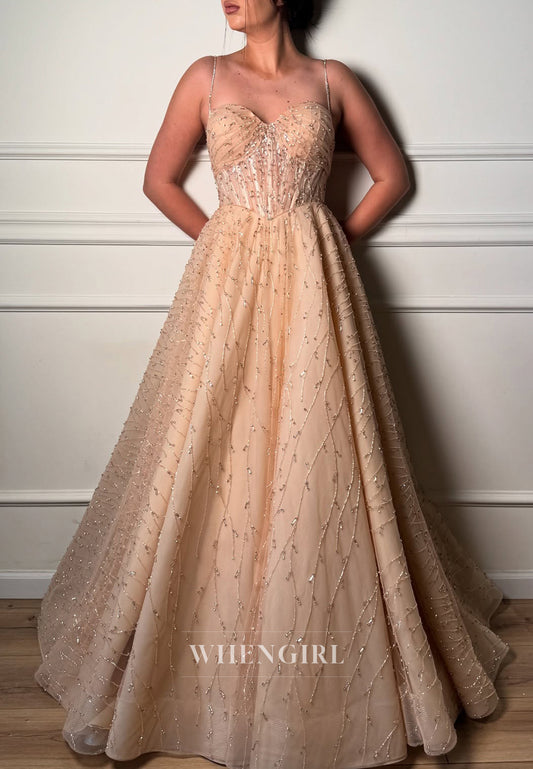 Champagne Sweetheart Beaded Spaghetti Straps Sleeveless A-Line Wedding Dress