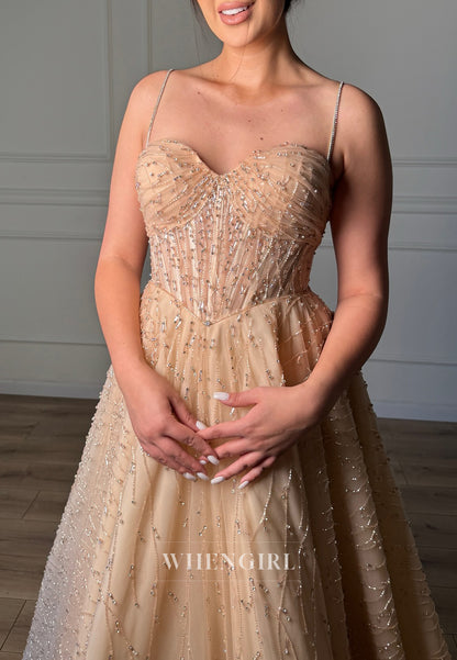 Champagne Sweetheart Beaded Spaghetti Straps Sleeveless A-Line Wedding Dress