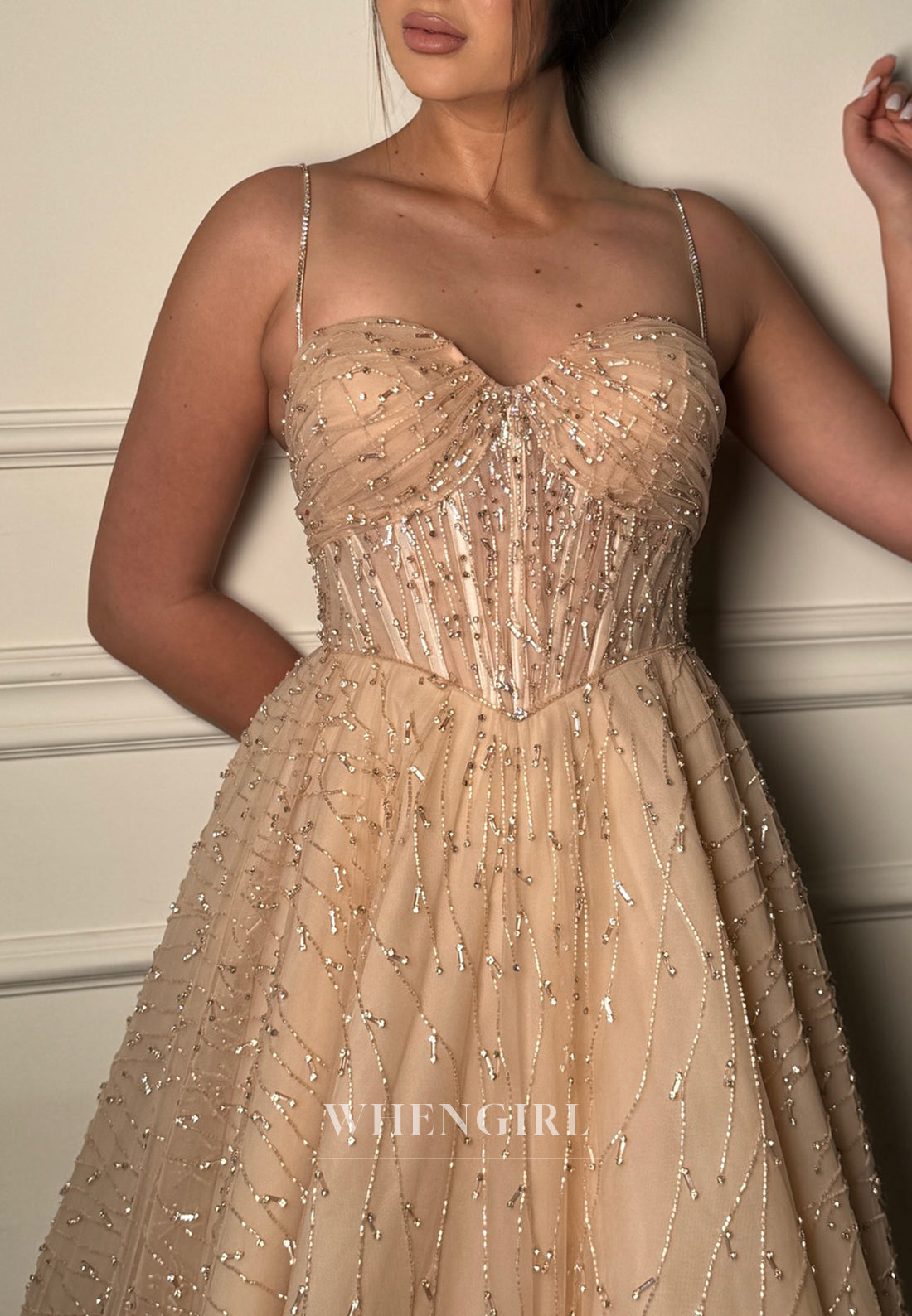Champagne Sweetheart Beaded Spaghetti Straps Sleeveless A-Line Wedding Dress