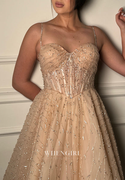 Champagne Sweetheart Beaded Spaghetti Straps Sleeveless A-Line Wedding Dress