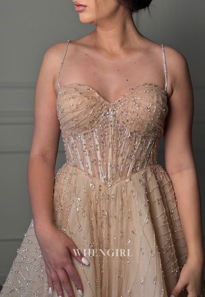 Champagne Sweetheart Beaded Spaghetti Straps Sleeveless A-Line Wedding Dress