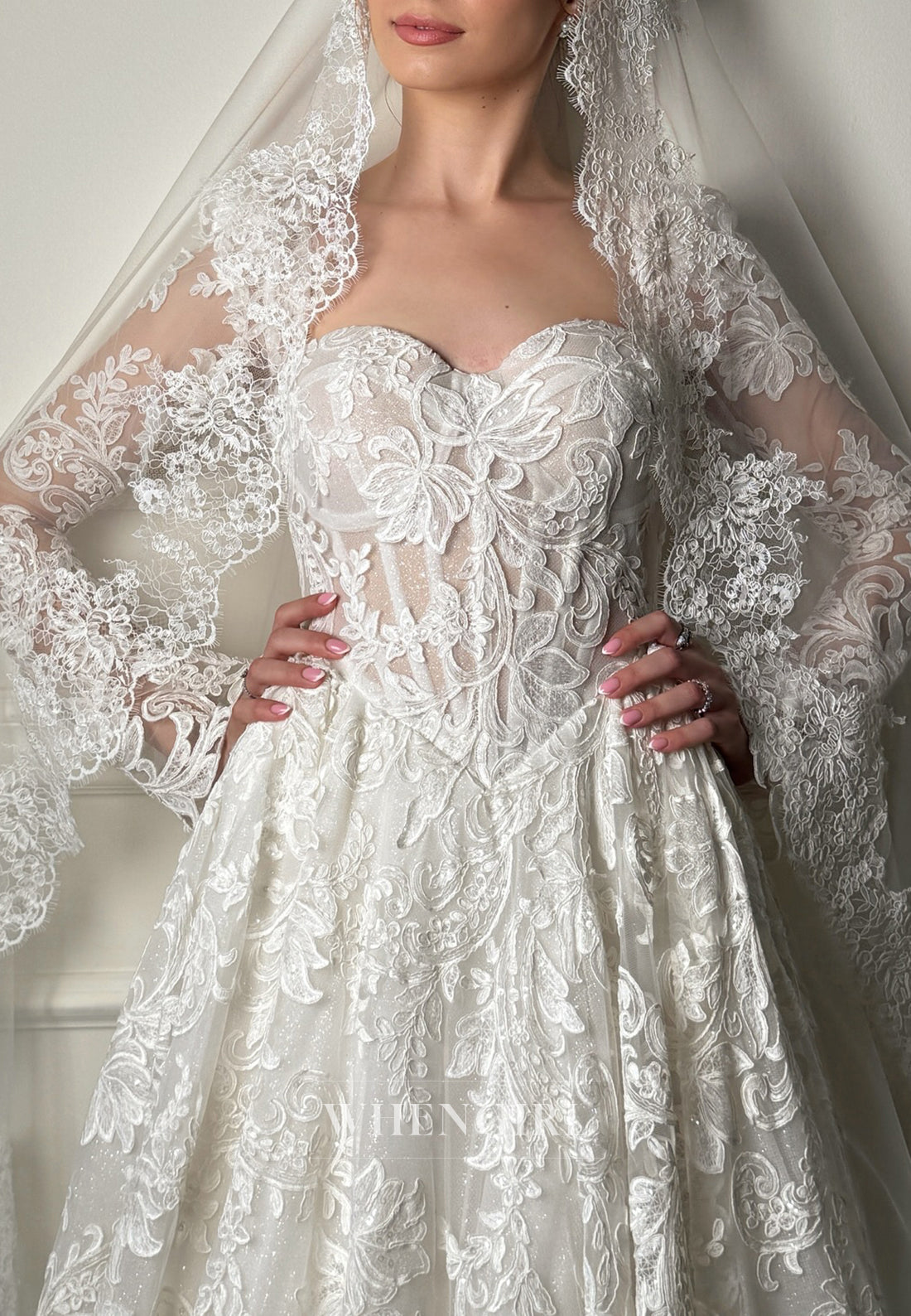 A-Line Lace Sweetheart Long Sleeves Sweep Train Wedding Dress