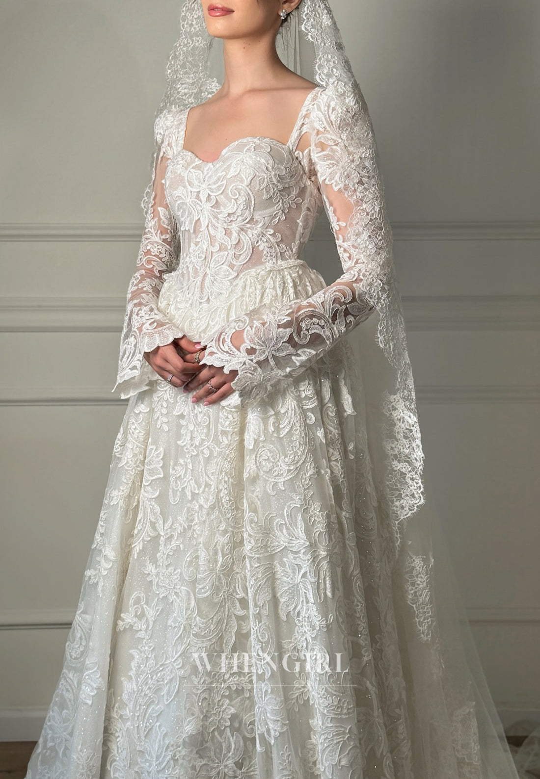 A-Line Lace Sweetheart Long Sleeves Sweep Train Wedding Dress
