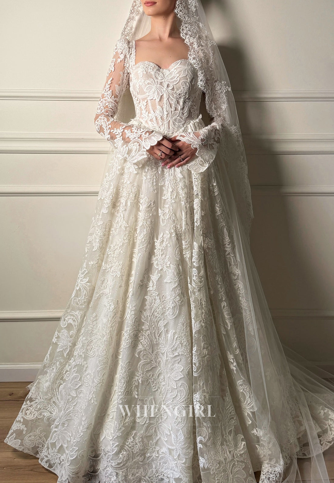A-Line Lace Sweetheart Long Sleeves Sweep Train Wedding Dress