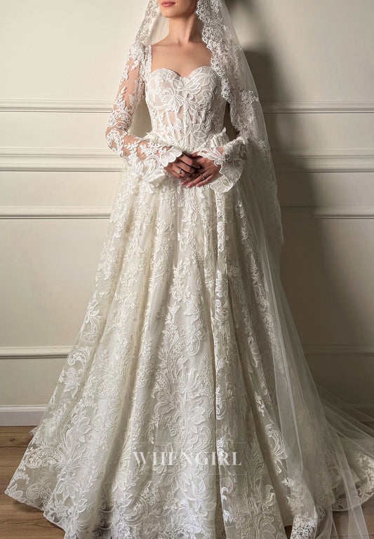 A-Line Lace Sweetheart Long Sleeves Sweep Train Wedding Dress