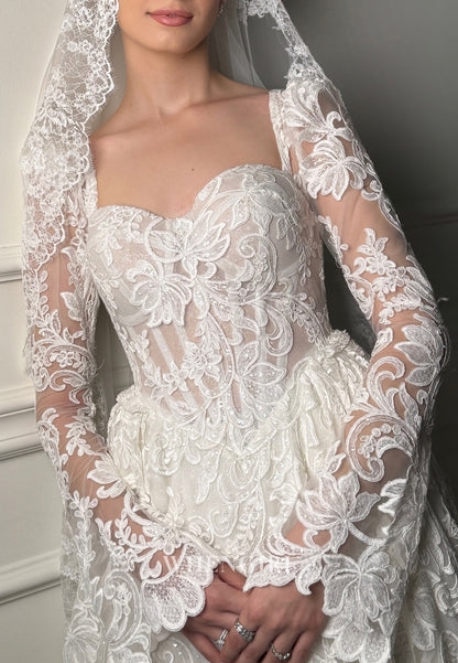 A-Line Lace Sweetheart Long Sleeves Sweep Train Wedding Dress