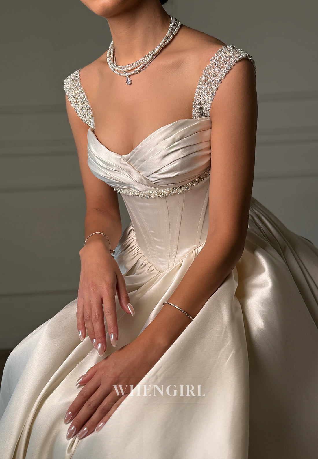 Satin Sweetheart Beaded Straps Sleeveless Side Slit Court Train Wedding Dress