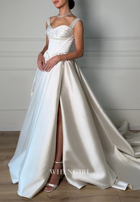 Satin Sweetheart Beaded Straps Sleeveless Side Slit Court Train Wedding Dress