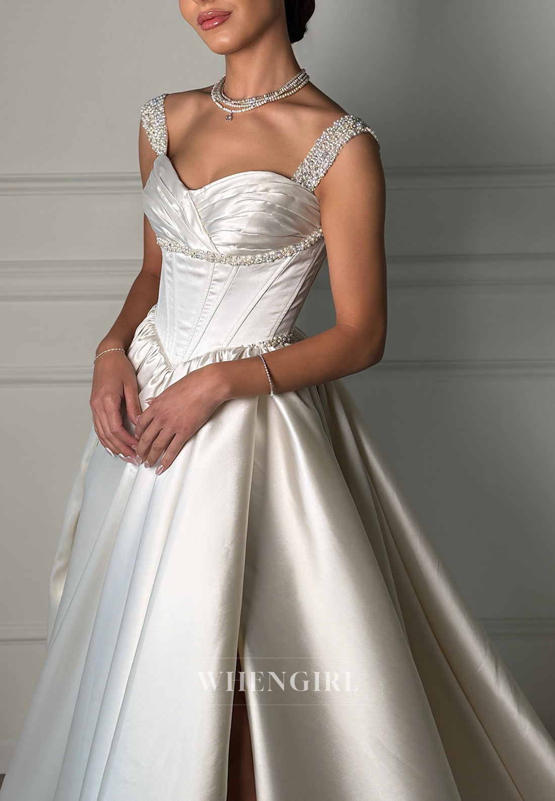 Satin Sweetheart Beaded Straps Sleeveless Side Slit Court Train Wedding Dress