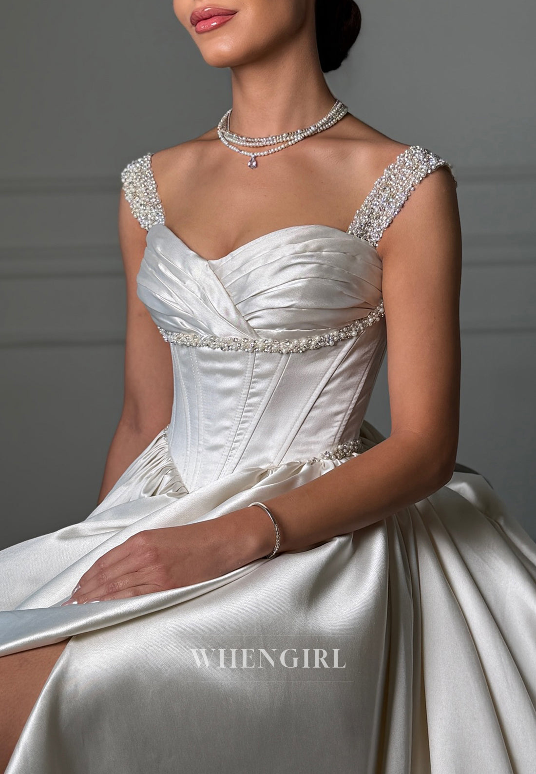 Satin Sweetheart Beaded Straps Sleeveless Side Slit Court Train Wedding Dress