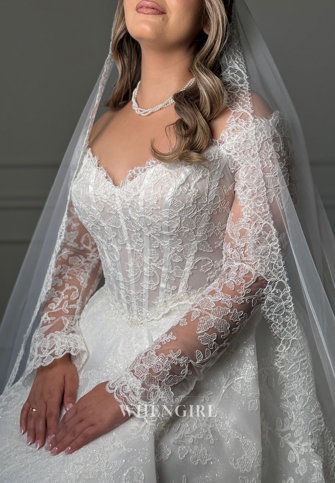 A-Line V Neck Long Sleeves Embroidery Lace Wedding Dress with Sweep Train
