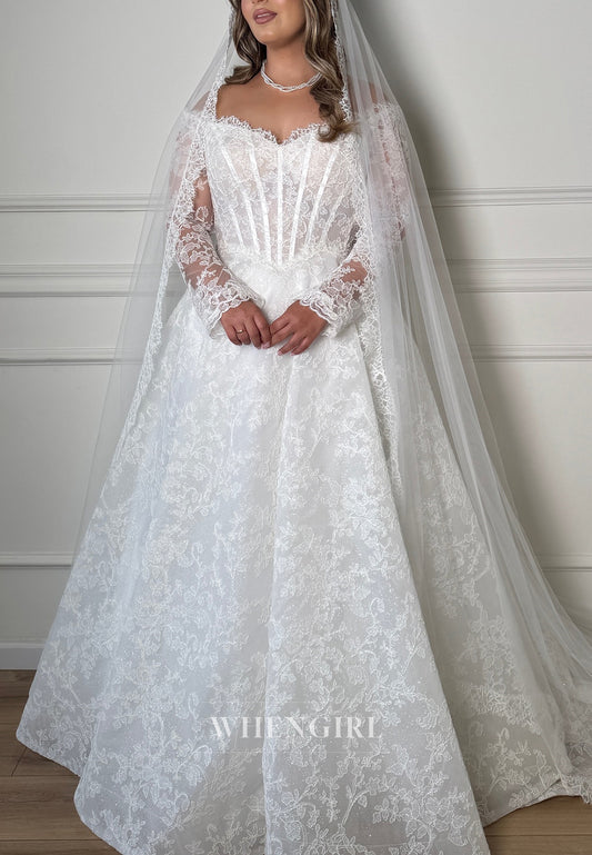 A-Line V Neck Long Sleeves Embroidery Lace Wedding Dress with Sweep Train