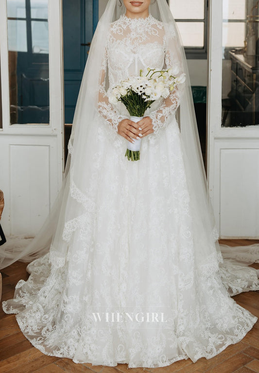 A-Line High Neck Long Sleeves Sweep Train Lace Wedding Dress