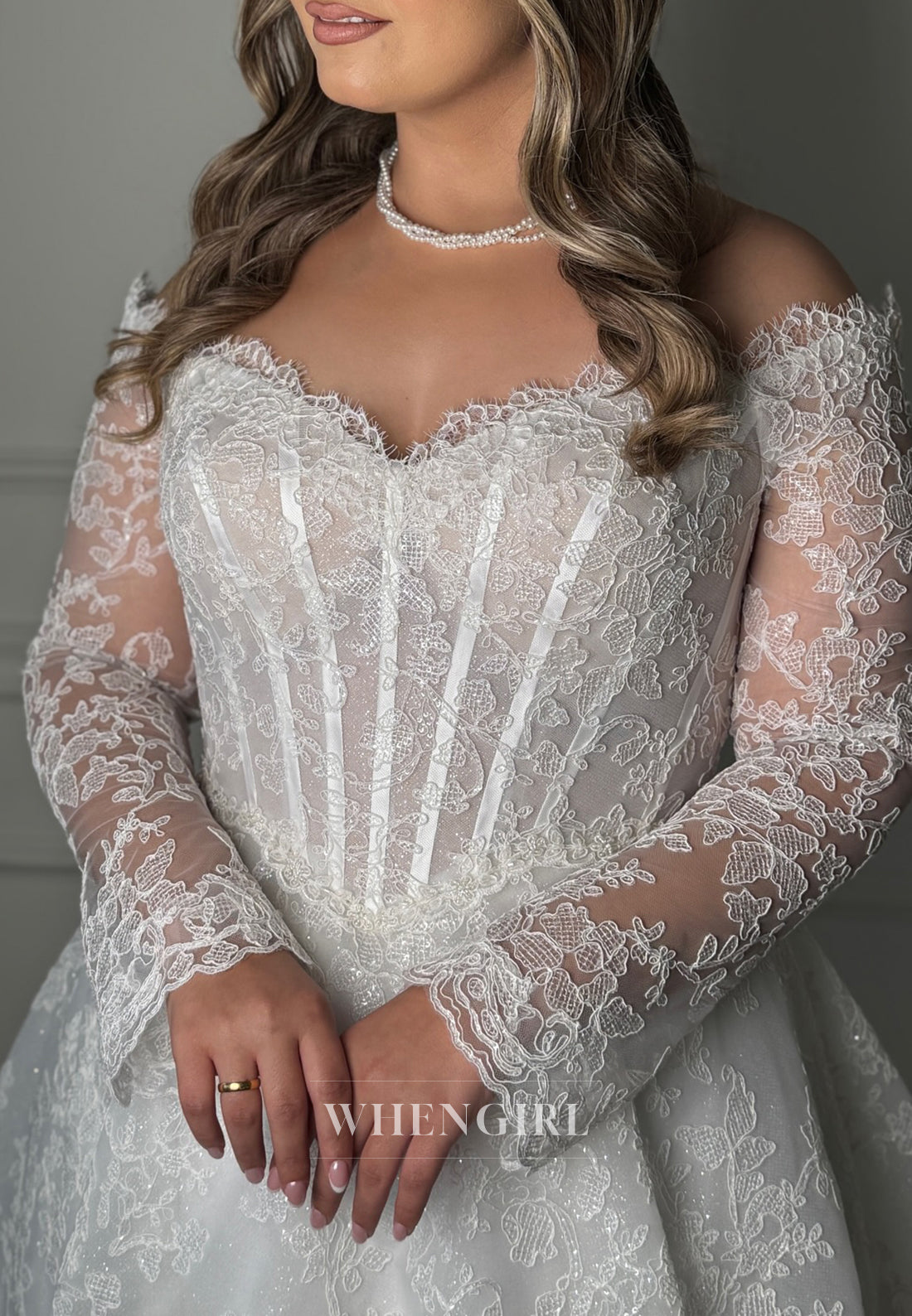A-Line V Neck Long Sleeves Embroidery Lace Wedding Dress with Sweep Train