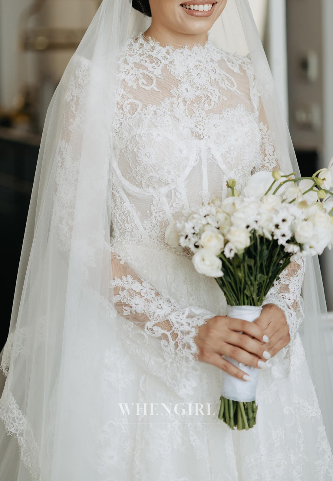 A-Line High Neck Long Sleeves Sweep Train Lace Wedding Dress