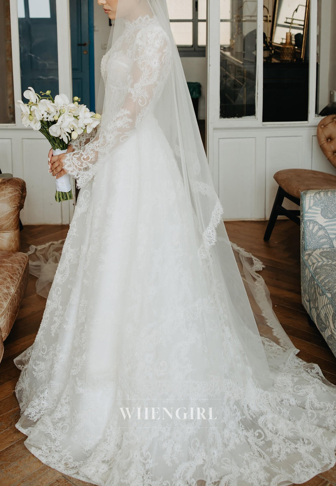 A-Line High Neck Long Sleeves Sweep Train Lace Wedding Dress