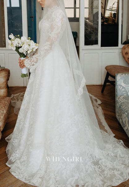 A-Line High Neck Long Sleeves Sweep Train Lace Wedding Dress